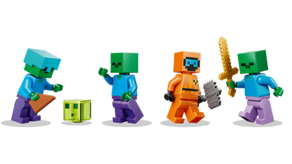 Five Minecraft zombie-themed minifigures in blue, green, orange, and purple