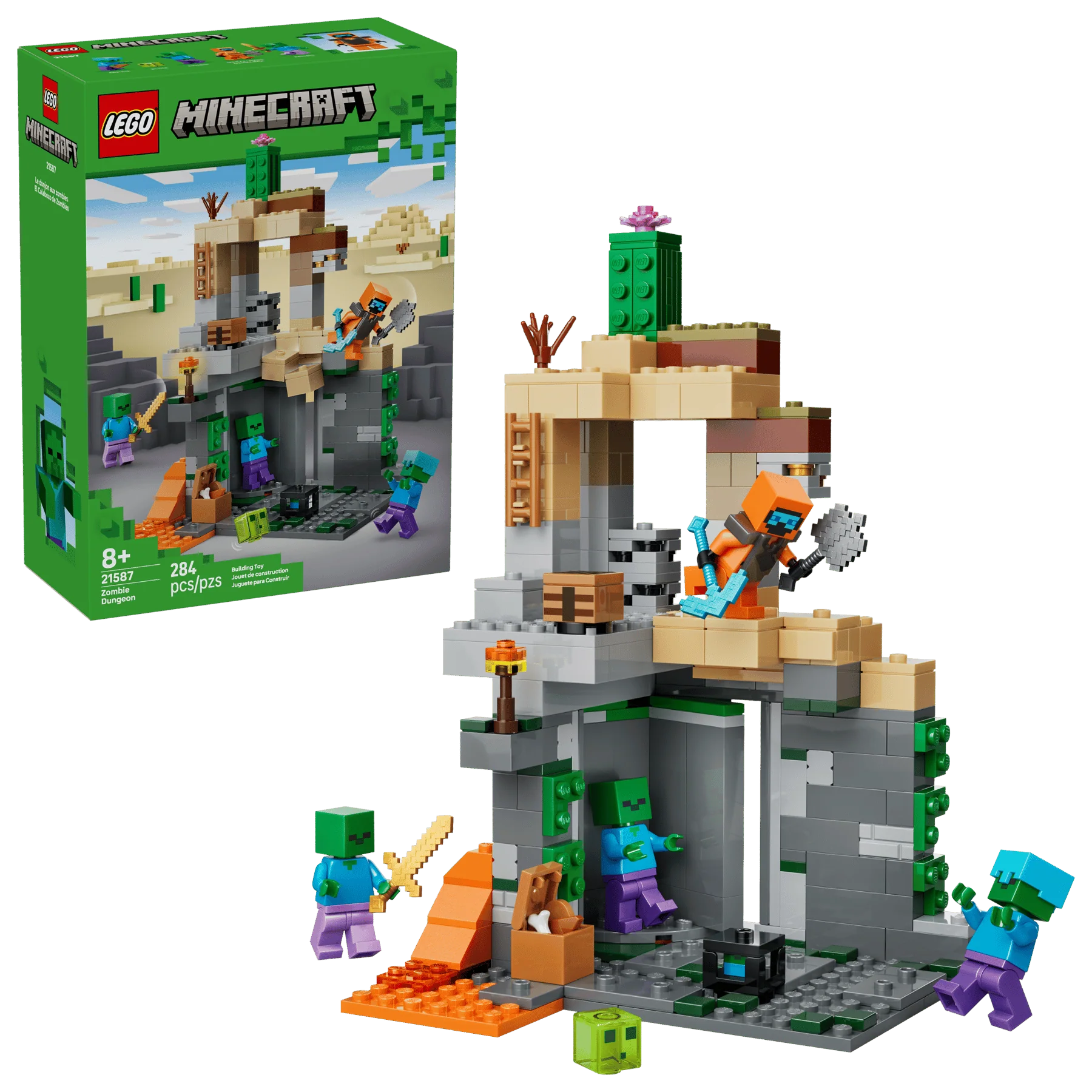 Minecraft Zombie Dungeon LEGO set with gray tower and zombie mini-figures