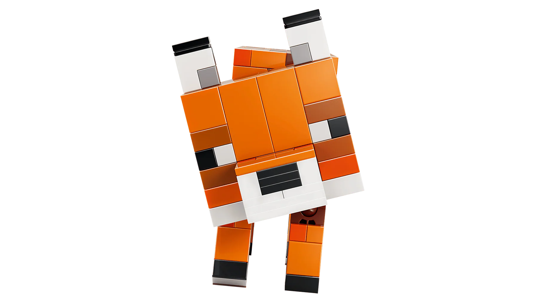 The Fox LEGO front view, orange torso, white muzzle, black eyes