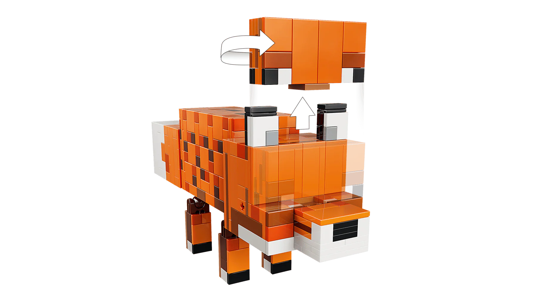 The Fox orange brick fox with white belly, black feet, raised arm