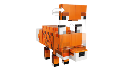 The Fox orange brick fox with white belly, black feet, raised arm