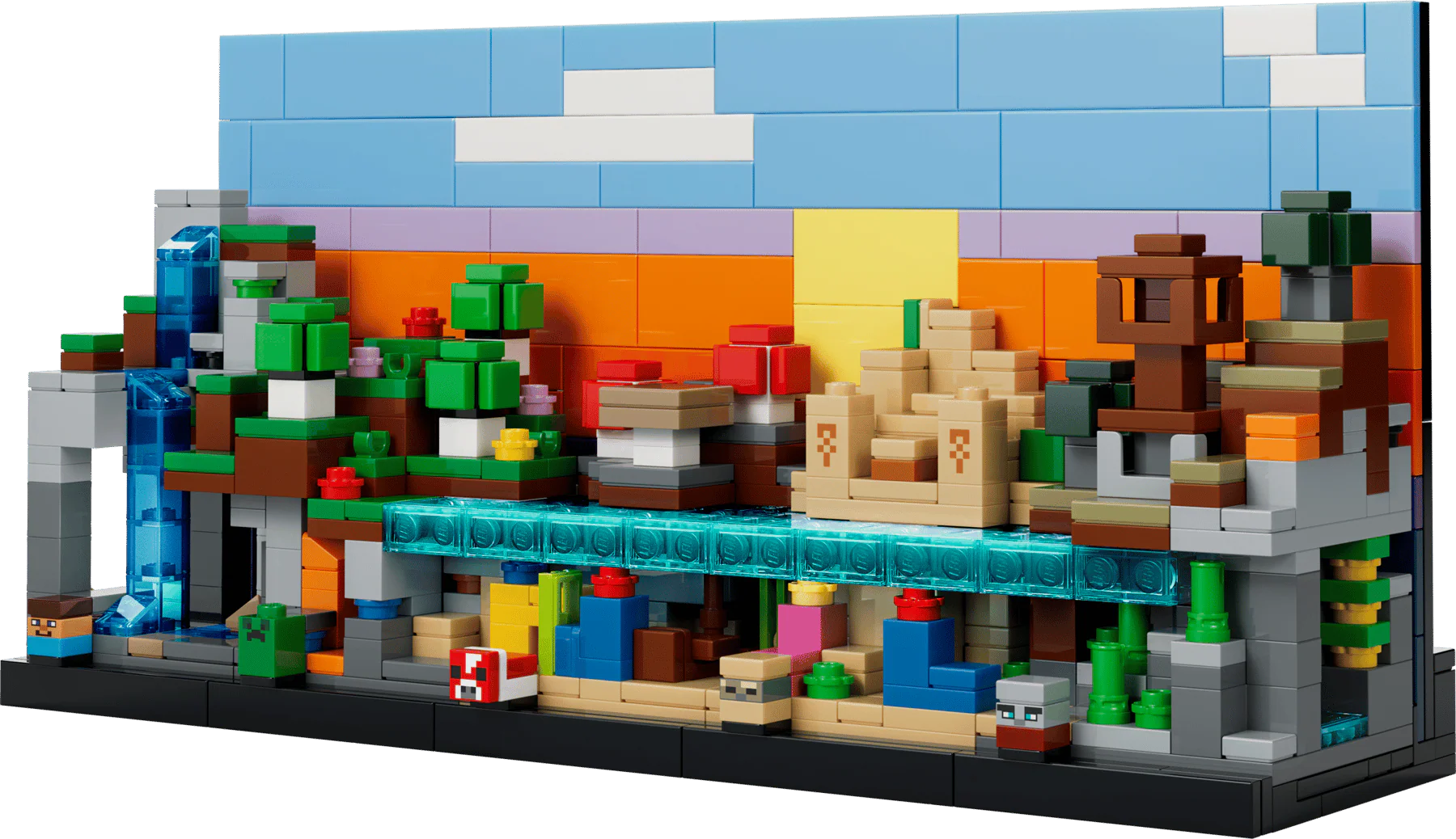 Mini Biomes Gebäudemodell mit blauem Balken, grünen Pflanzen und orangefarbener Wand