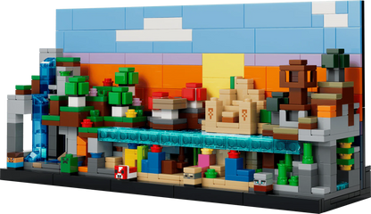 Mini Biomes Gebäudemodell mit blauem Balken, grünen Pflanzen und orangefarbener Wand
