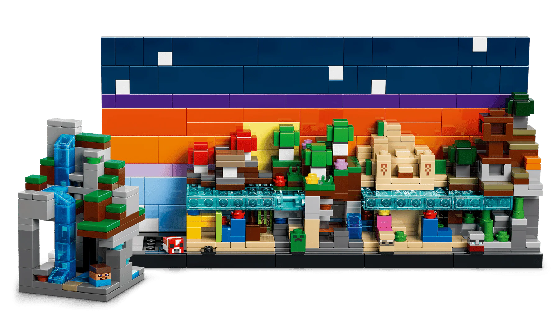 Mini Biomes Modell mit blauem Dach, orangem Hintergrund und grünen Deko-Elementen vorn