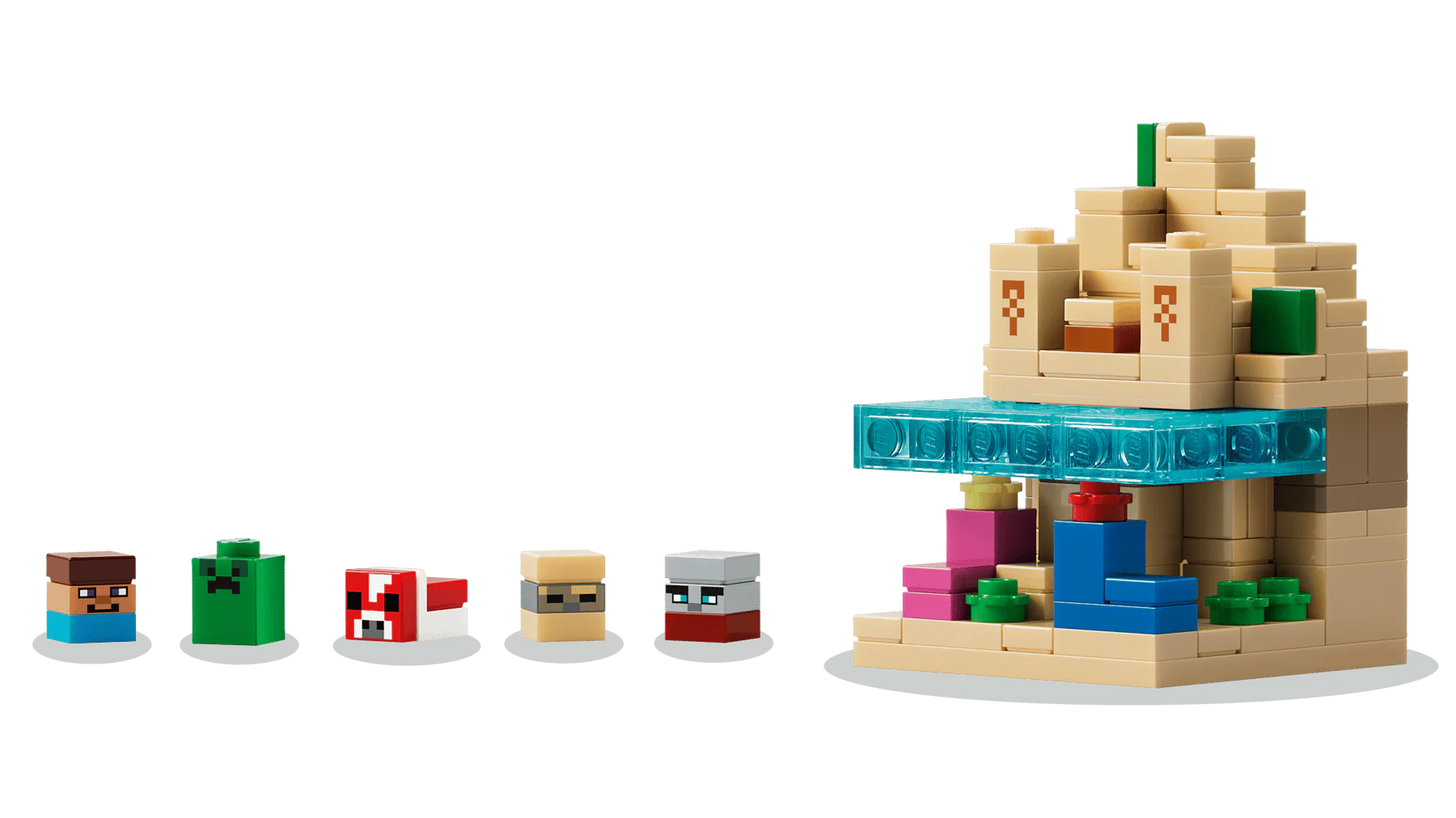 LEGO Mini Biomes Figuren-Set mit 5 Minifiguren neben dem gebauten Biomes-Modell