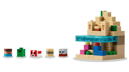 LEGO Mini Biomes Figuren-Set mit 5 Minifiguren neben dem gebauten Biomes-Modell