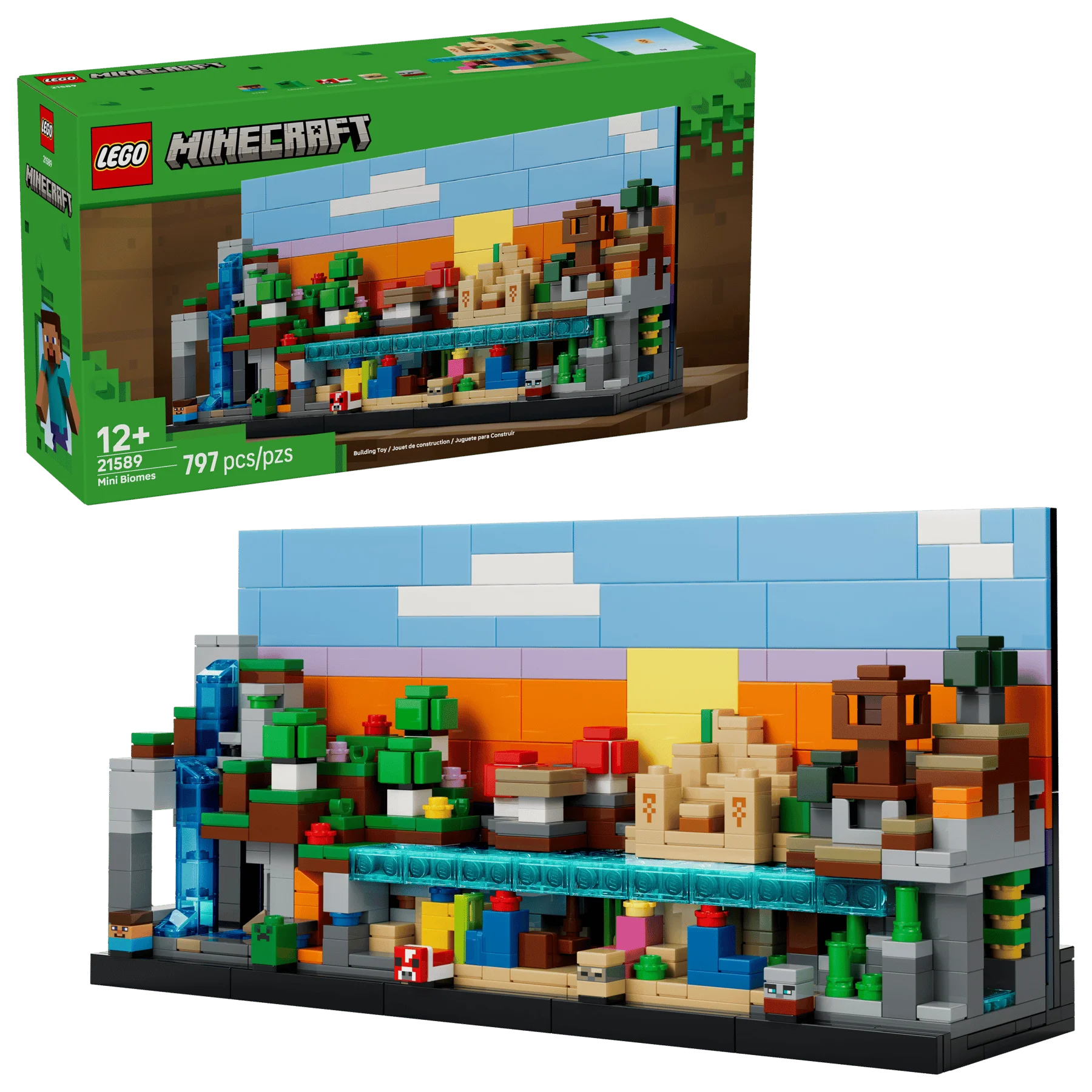 LEGO Mini Biomes Modell mit blauem Blockdach, orangefarbener Innenwand und grünen Elementen