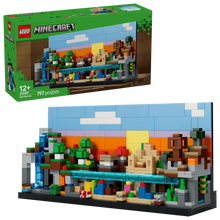 LEGO Mini Biomes Modell mit blauem Blockdach, orangefarbener Innenwand und grünen Elementen