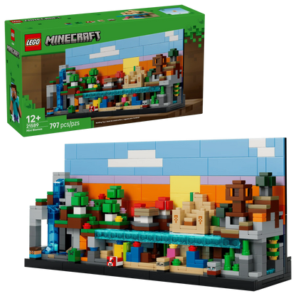 LEGO Mini Biomes Modell mit blauem Blockdach, orangefarbener Innenwand und grünen Elementen