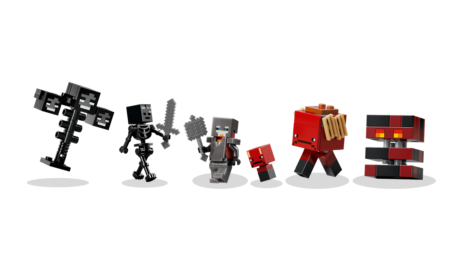 Wither Battle minifigures lineup: black wither, gray skeleton, red character, orange figure