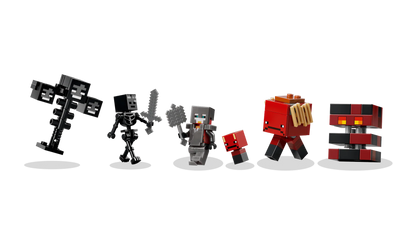 Wither Battle minifigures lineup: black wither, gray skeleton, red character, orange figure