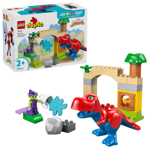 LEGO Duplo Dinosaur Spidey-Rex vs Green Goblin set: figures, bridge arch and blocks