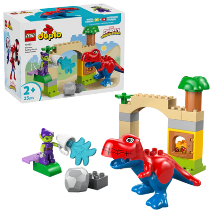 LEGO Duplo Dinosaur Spidey-Rex vs Green Goblin set: figures, bridge arch and blocks