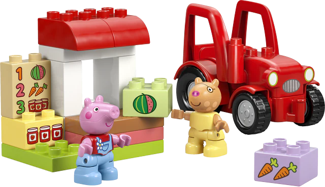 Red tractor beside market stall with figures and purple crate accessory