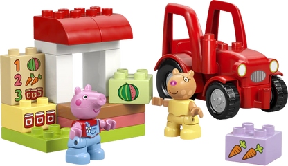 Red tractor beside market stall with figures and purple crate accessory
