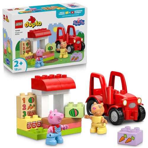 Tractor and market playset: red tractor, market stall, and 18 building pieces