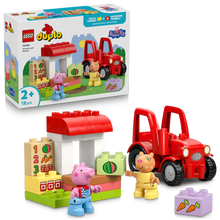Tractor and market playset: red tractor, market stall, and 18 building pieces