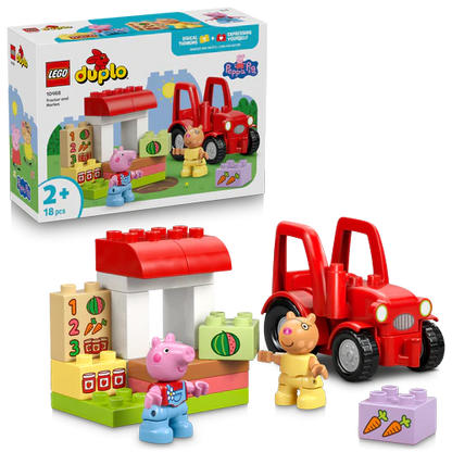 Tractor and market playset: red tractor, market stall, and 18 building pieces