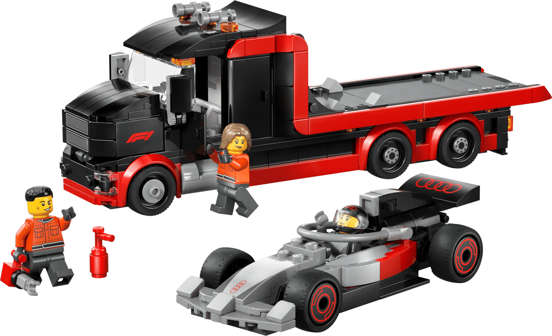 Red and black F1 display truck with gray race car on trailer and minifigure