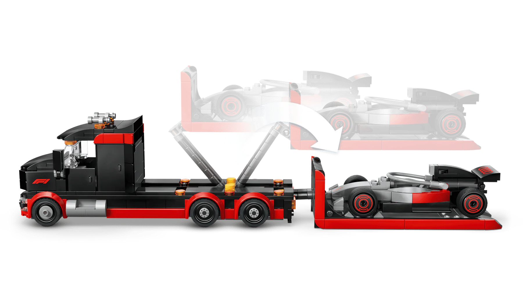 Red and gray race car on F1 display truck platform with minifigures