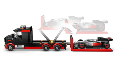 Red and gray race car on F1 display truck platform with minifigures