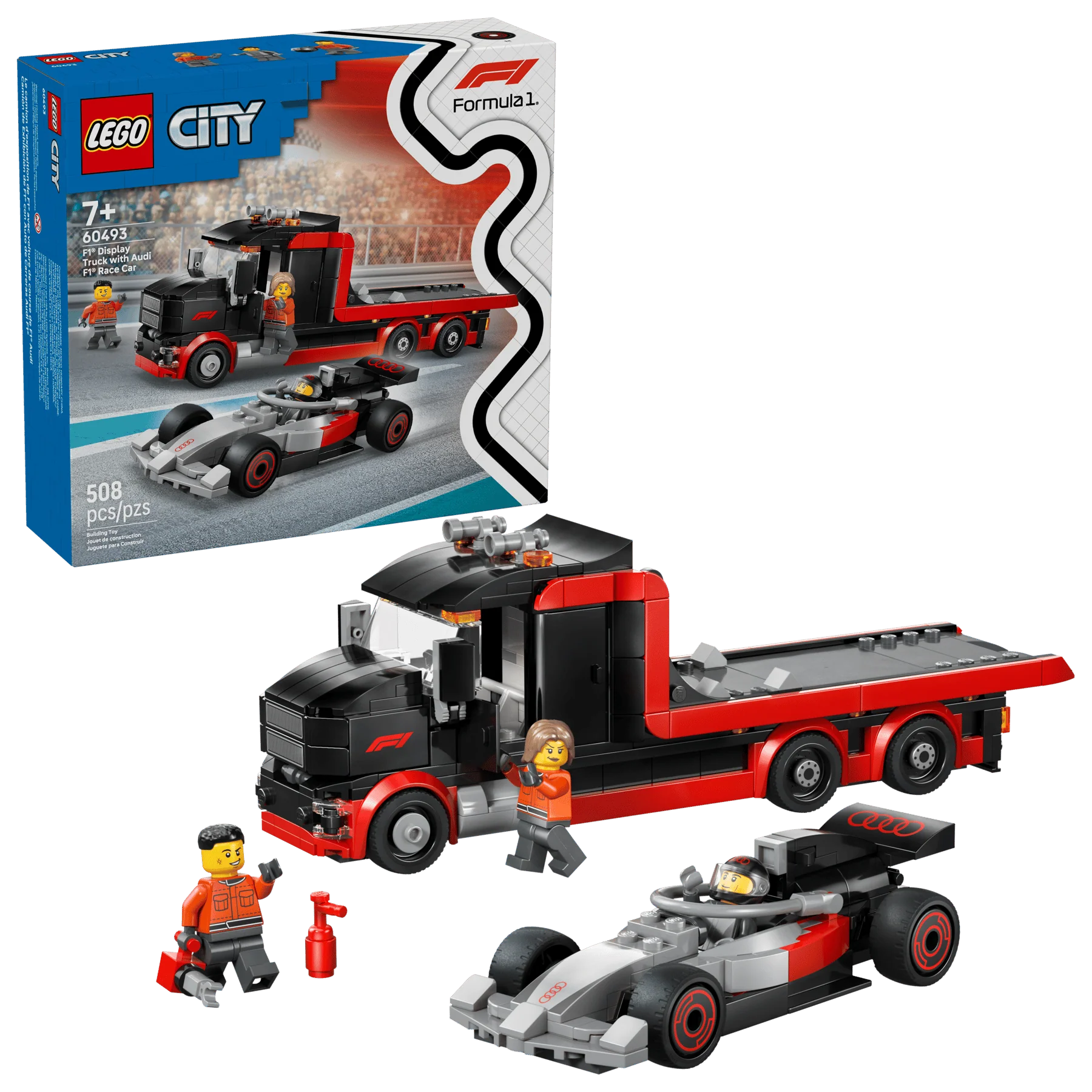 LEGO F1 display truck set box, red/black semi with gray race car