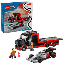 LEGO F1 display truck set box, red/black semi with gray race car