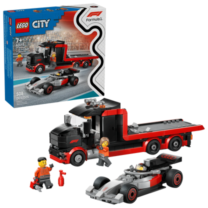 LEGO F1 display truck set box, red/black semi with gray race car