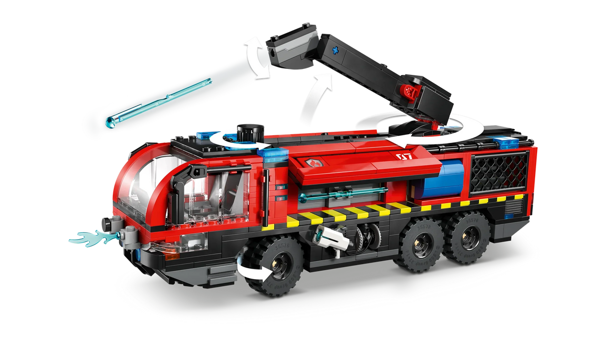 Red and blue toy fire truck with blue light bar and extendable ladder