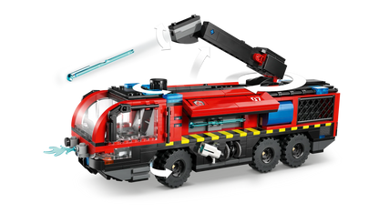 Red and blue toy fire truck with blue light bar and extendable ladder