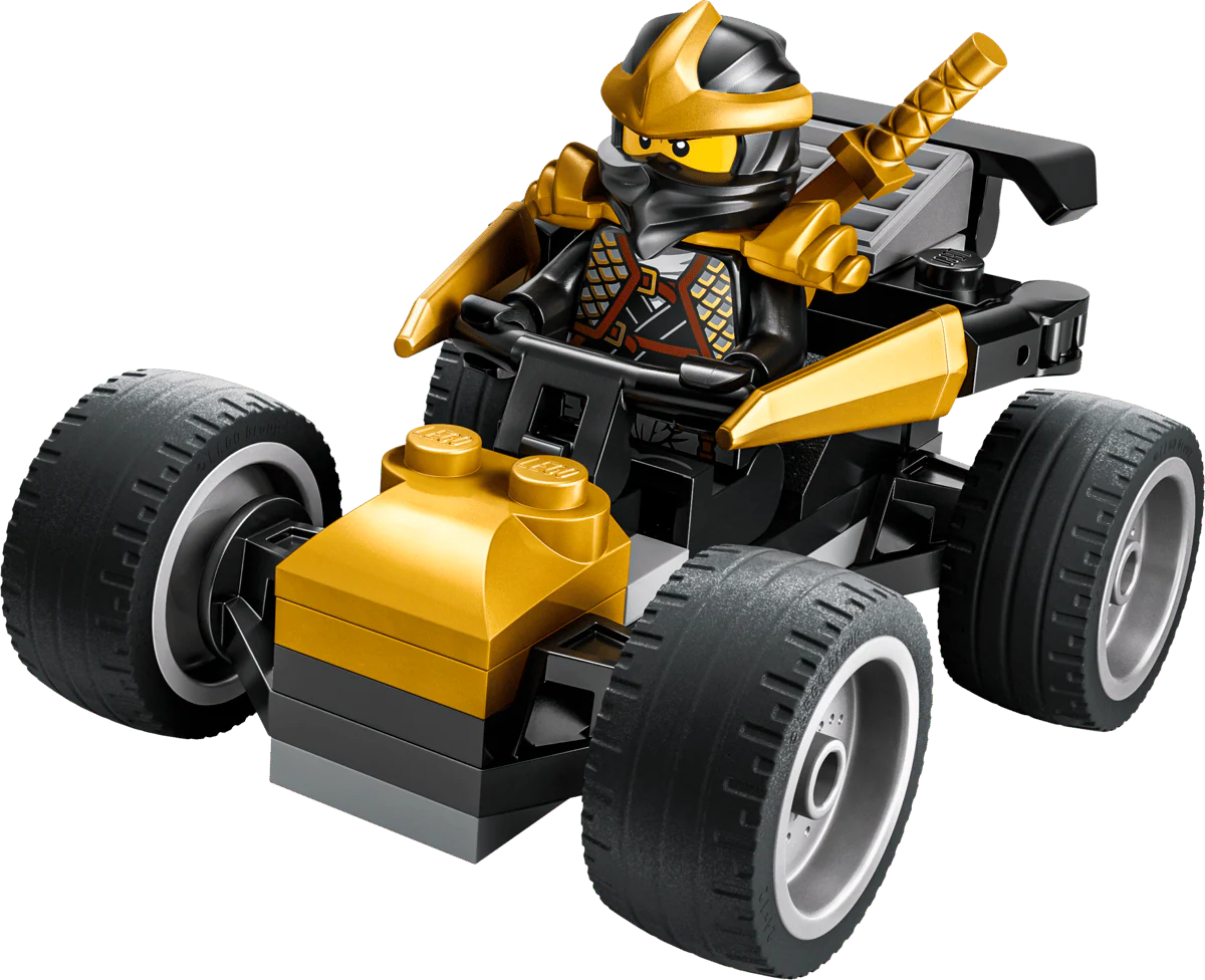 Yellow and black Cole’s ninja car with large tread tires and minifigure driver
