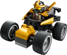 Yellow and black Cole’s ninja car with large tread tires and minifigure driver