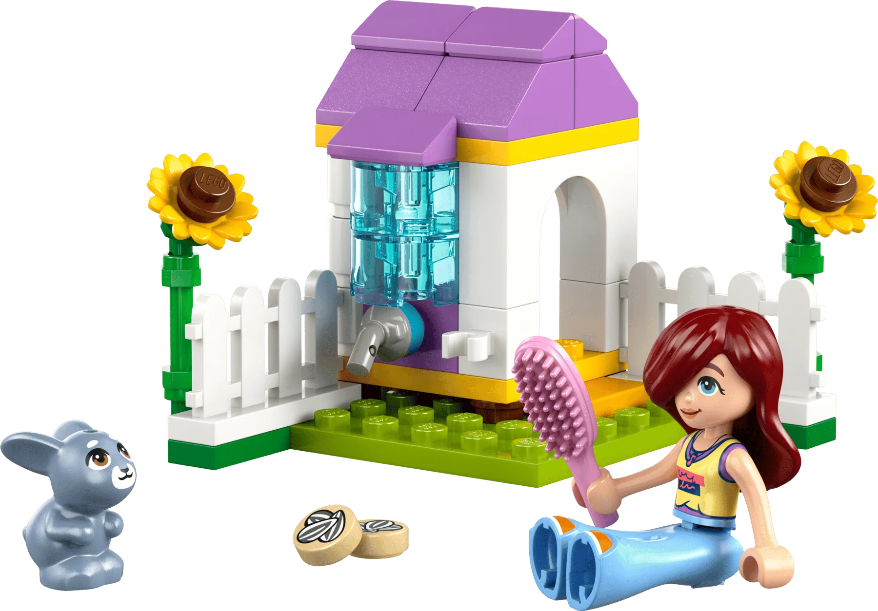 Garden Bunny House LEGO: purple-roof bunny house with figures and fence