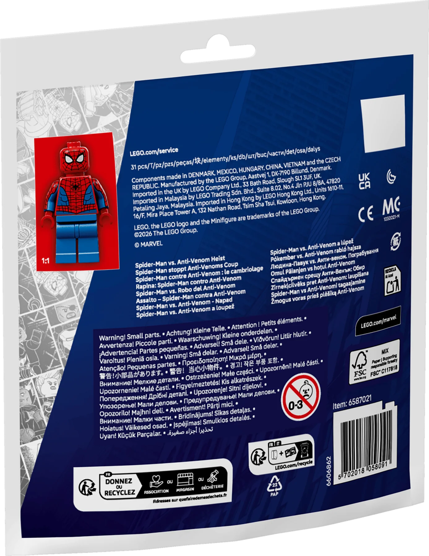 Box back for Spider-Man vs Anti-Venom Heist, build 31 pcs, warning icons
