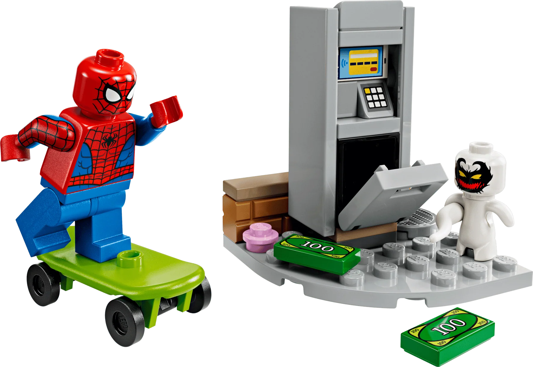 Spider-Man mini-figure on green hover scooter with gray kiosk and white venom character