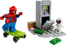 Spider-Man mini-figure on green hover scooter with gray kiosk and white venom character