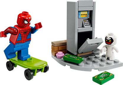 Spider-Man mini-figure on green hover scooter with gray kiosk and white venom character