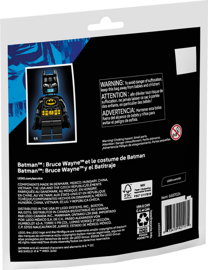 LEGO Batman Bruce Wayne Batsuit box back with minifigure photo and warnings