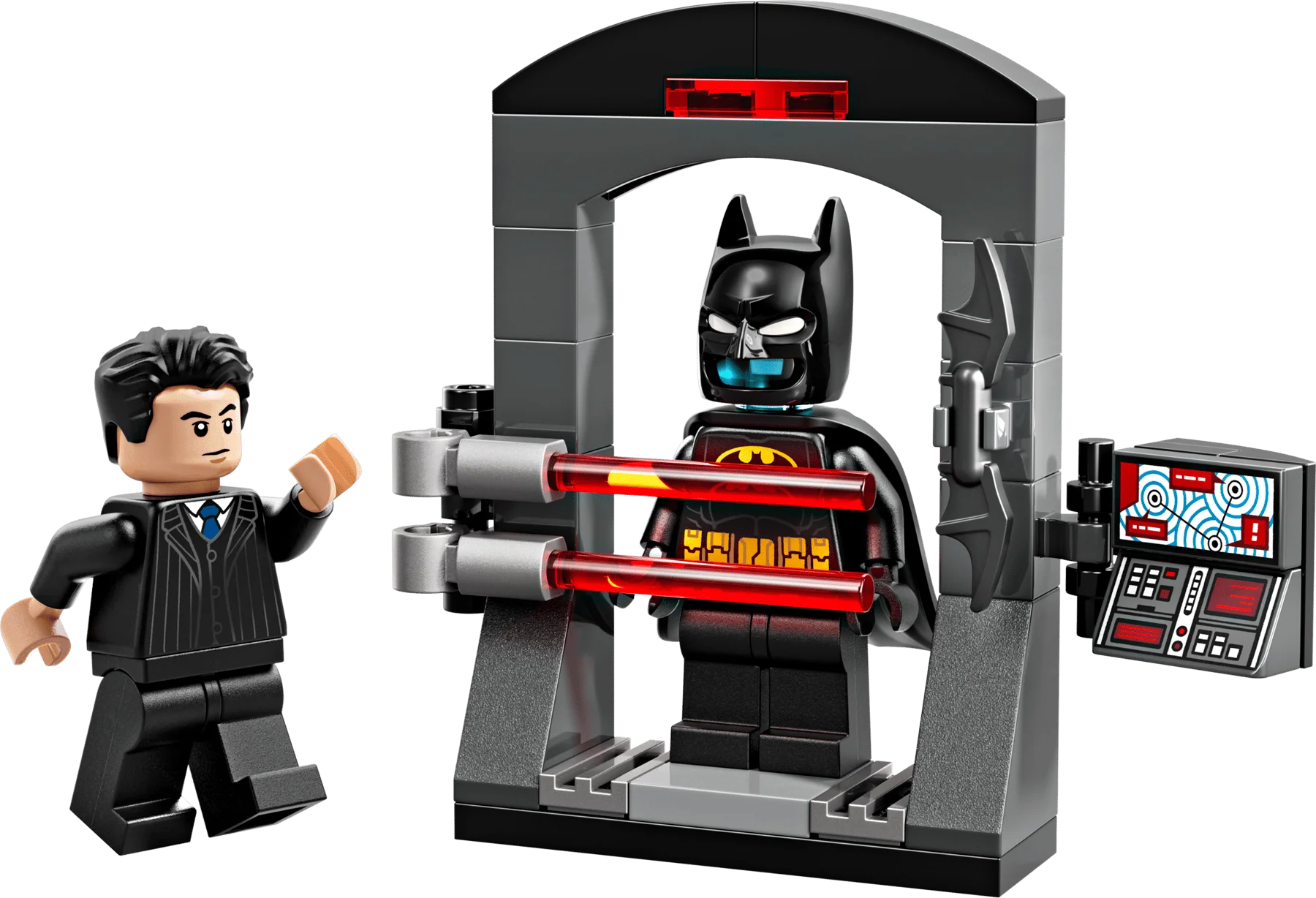LEGO Batman Batsuit and console build with Bruce Wayne minifigure, gray/black