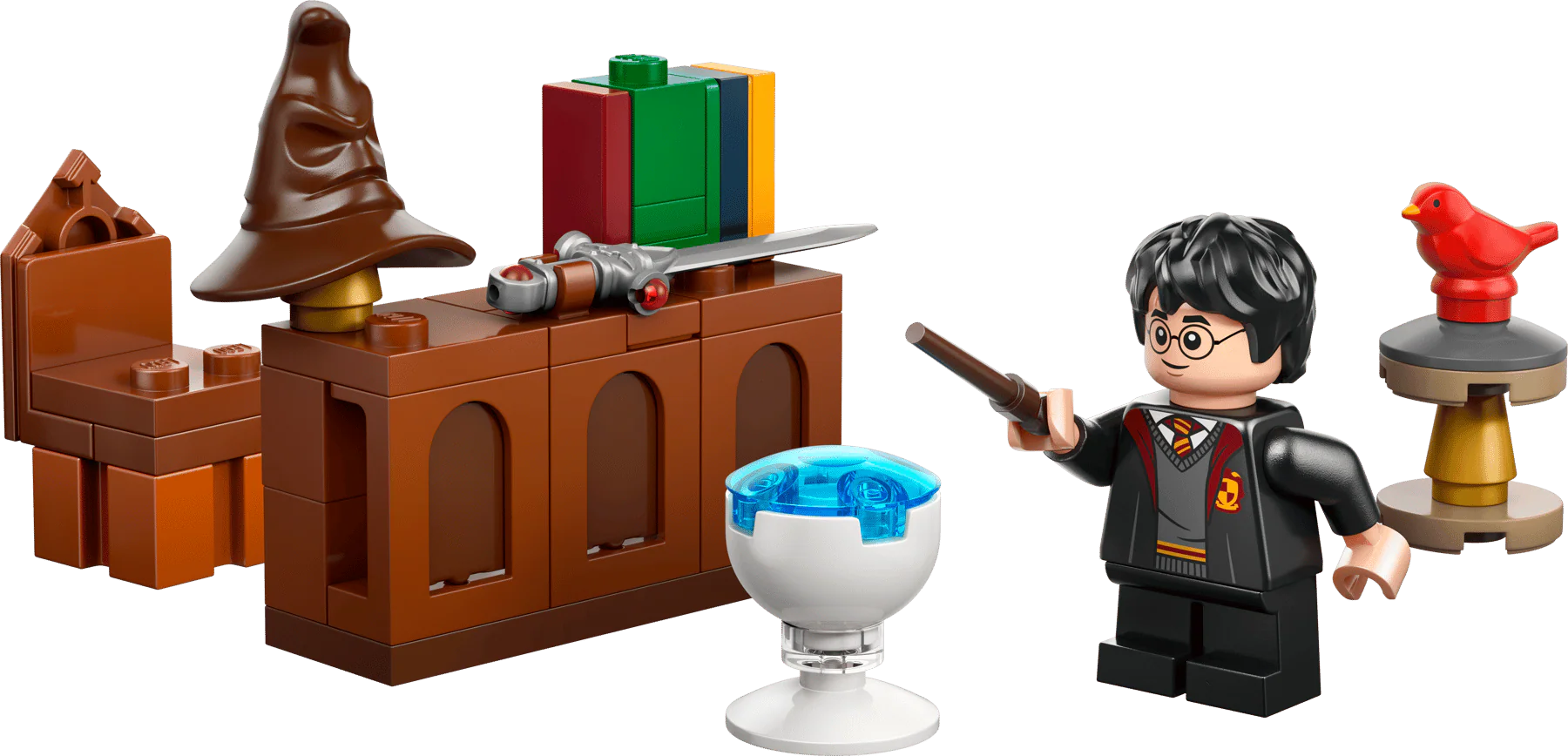 LEGO Harry Potter set pieces: brown office desk, minifigure and accessories