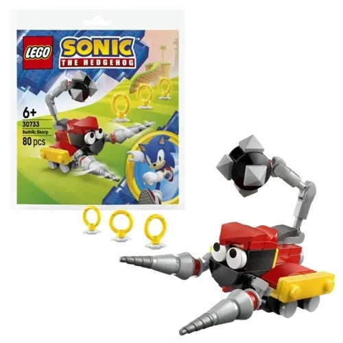 LEGO Badnik Scorpion build with red armor, grey arms and legs, yellow head