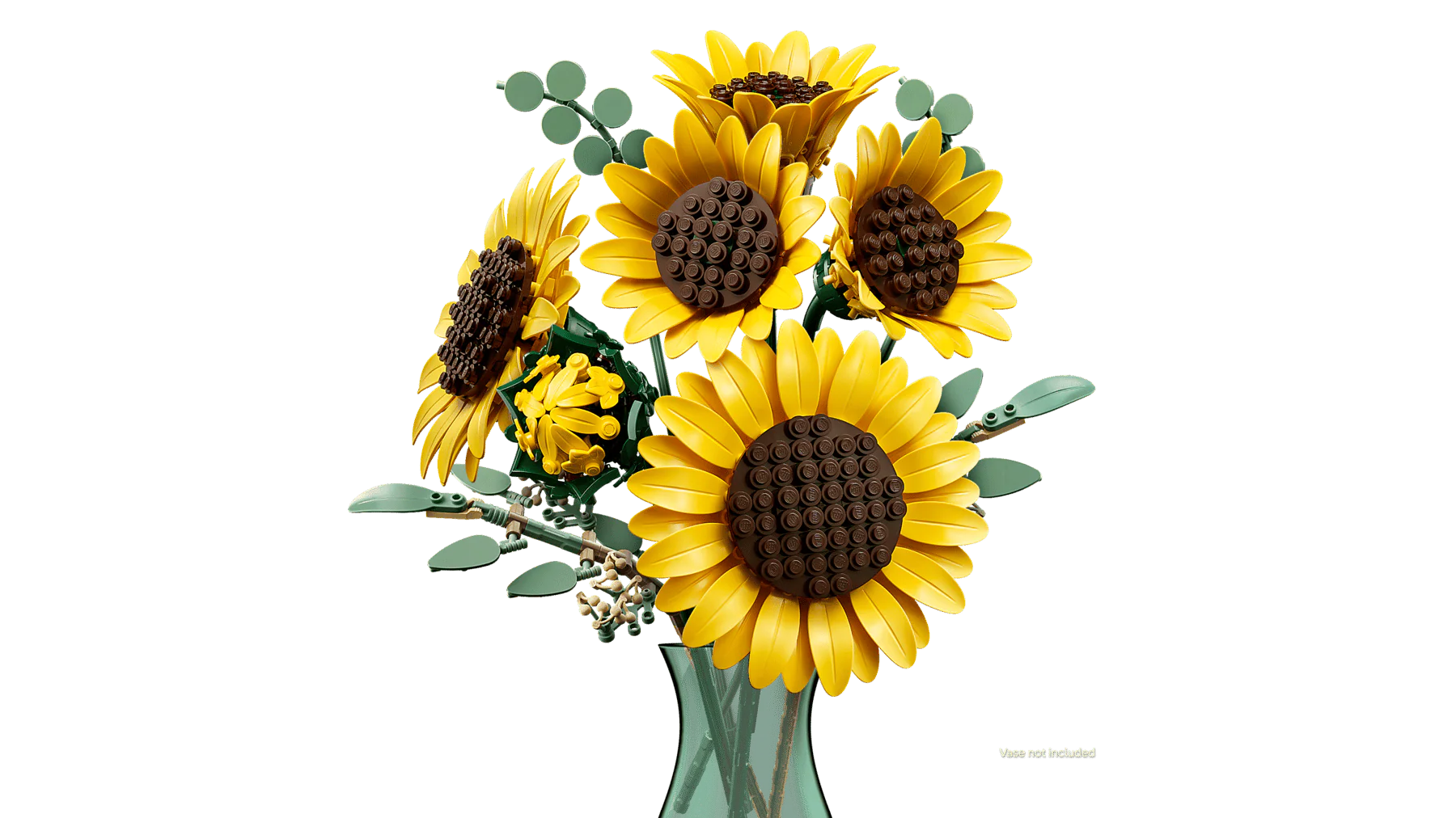 Brick-built sunflower bouquet with yellow petals, dark brown centers, and green leaves