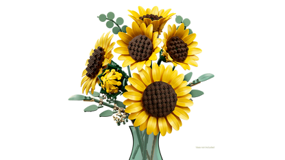 Brick-built sunflower bouquet with yellow petals, dark brown centers, and green leaves