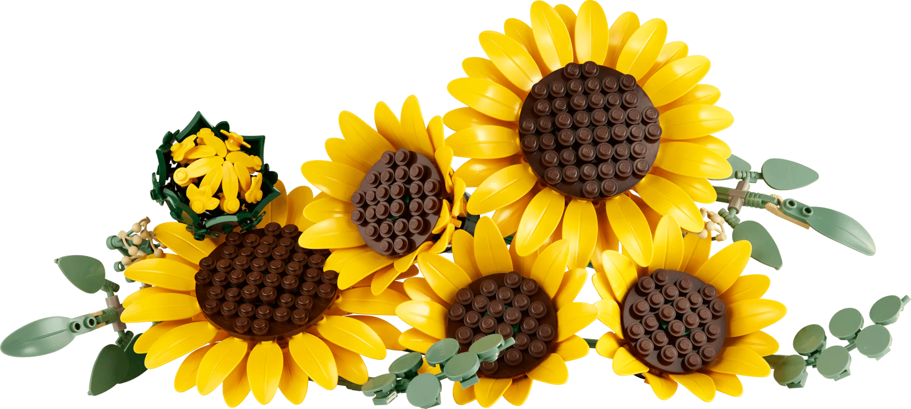 LEGO sunflower bouquet with three large yellow blooms, brown centers, and green leaves