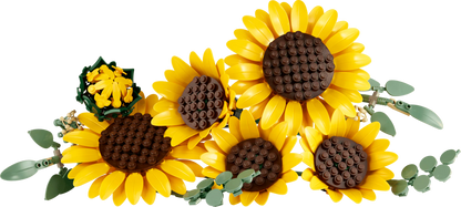LEGO sunflower bouquet with three large yellow blooms, brown centers, and green leaves