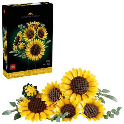 LEGO Botanicals sunflower bouquet set box, yellow sunflowers with brown centers