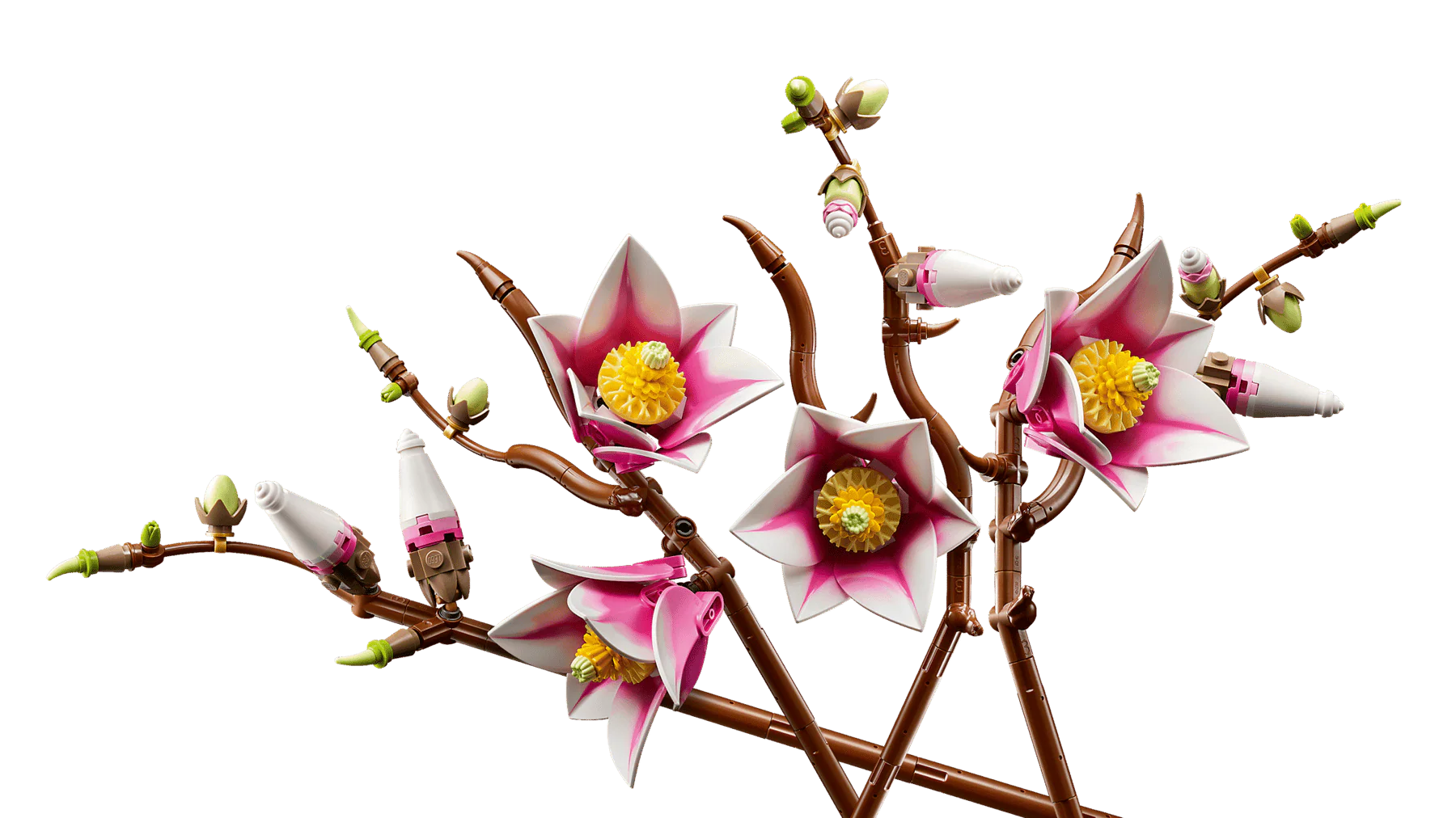 Magnolia branches LEGO: angled view of brown stems with pink-white 3D blossoms