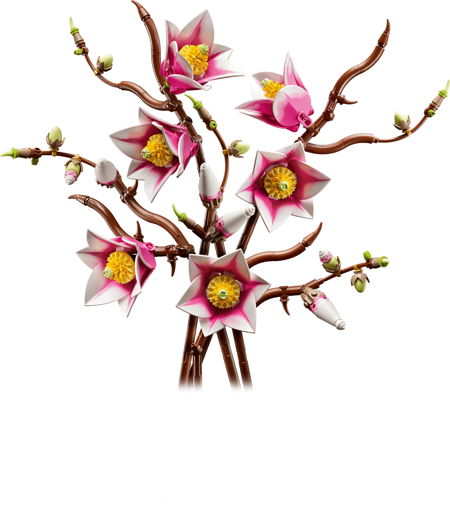 Magnolia branches LEGO: brown stems with pink-white flowers and green buds