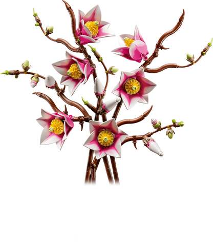 Magnolia branches LEGO: brown stems with pink-white flowers and green buds
