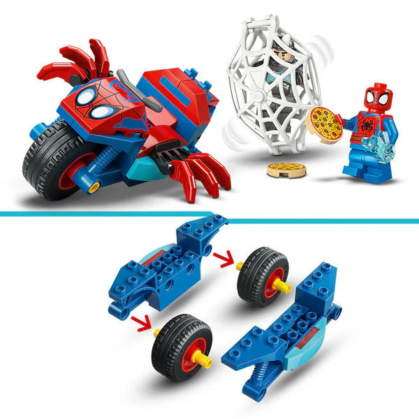 Spidey red-blue motorcycle build with Rhino villain minifig and white web wheel